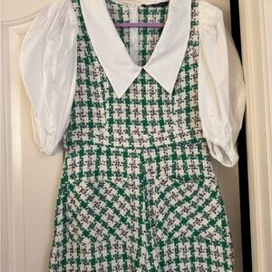 Green and White Plaid Romper with Puff Sleeves